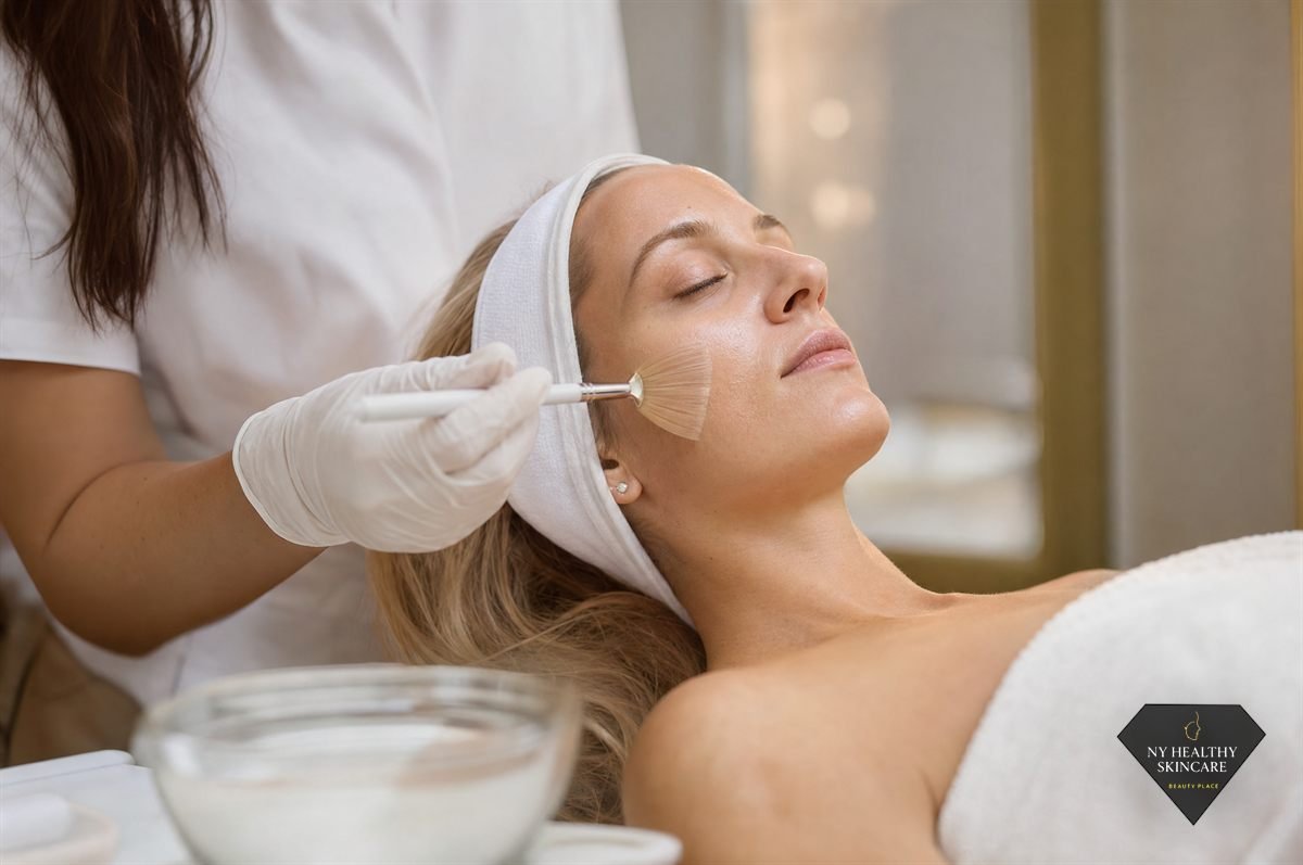 Esthetician applying a chemical peel solution with a fan brush at NY Healthy Skin Care in Midtown Manhattan NYC
