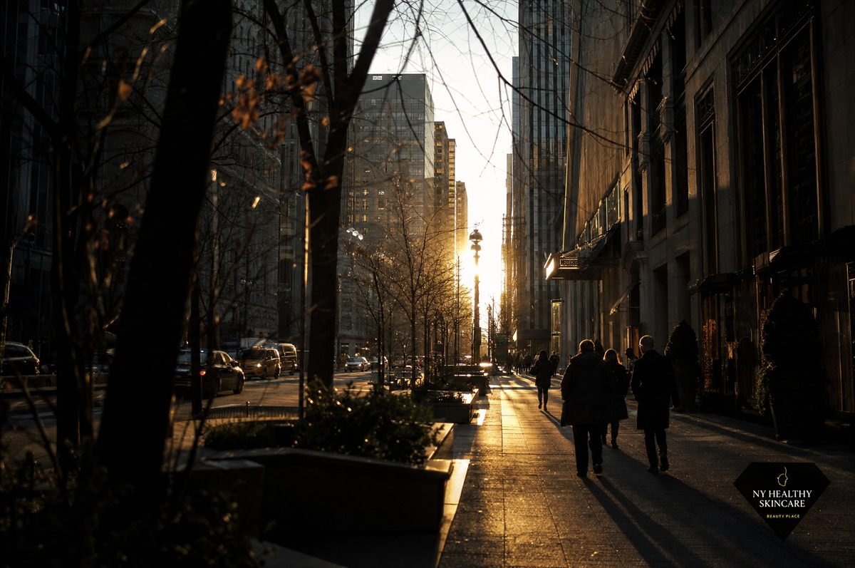 Midtown Manhattan street in autumn, the easier season for chemical peel aftercare in New York