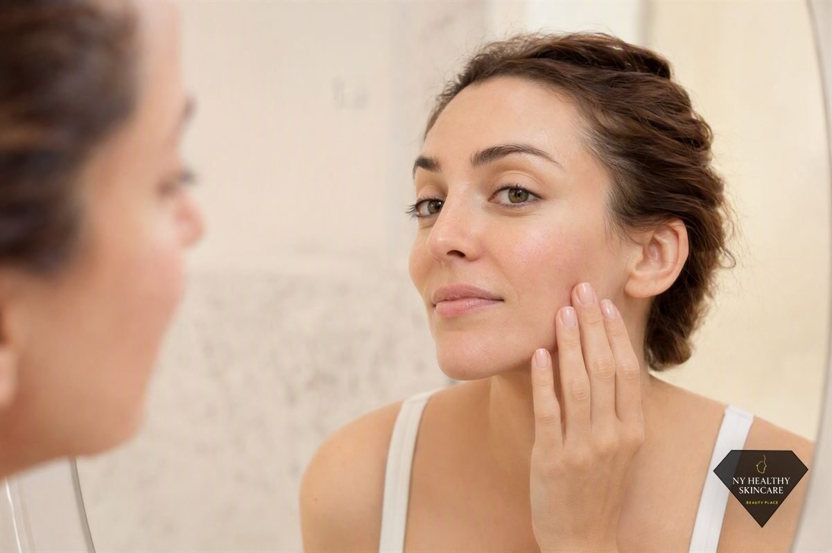 Woman checking mild pink flushing in the mirror, a normal reaction after a chemical peel