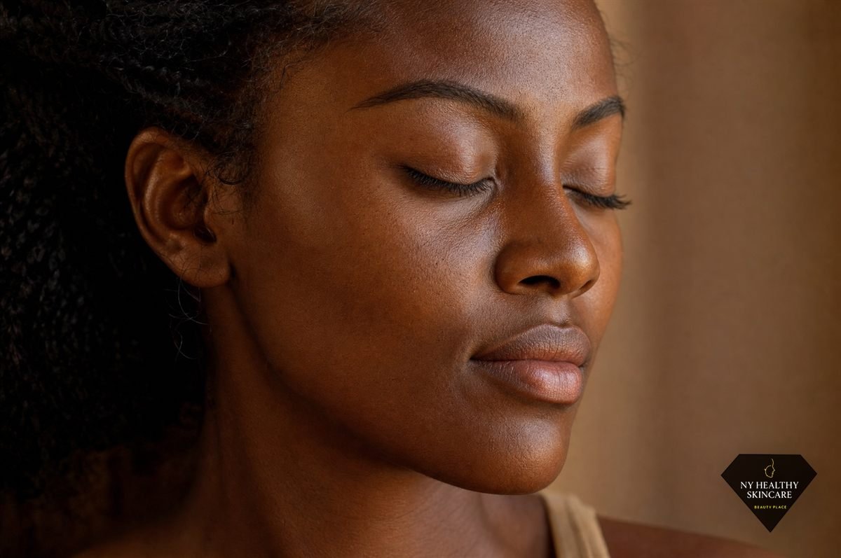 Portrait of a woman with deep skin tone showing even healthy skin after a superficial chemical peel