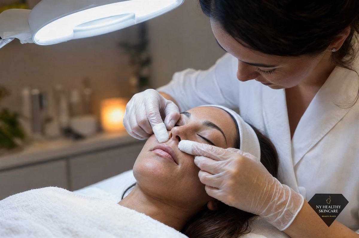 Esthetician performing careful extractions during a deep pore cleansing facial at NY Healthy Skin Care in Midtown Manhattan