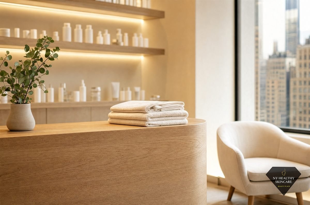 Calm reception area of a licensed Midtown Manhattan skincare studio where deep cleansing facials are booked