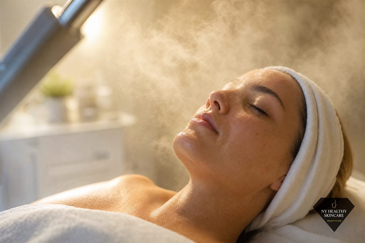 Warm steam softening the skin during the preparation step of a deep pore cleansing facial