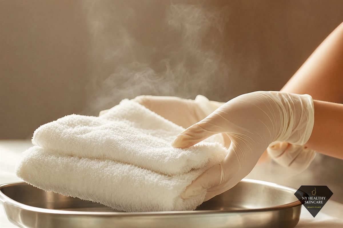 Gloved hands folding a warm, steaming white towel over a stainless steel tray