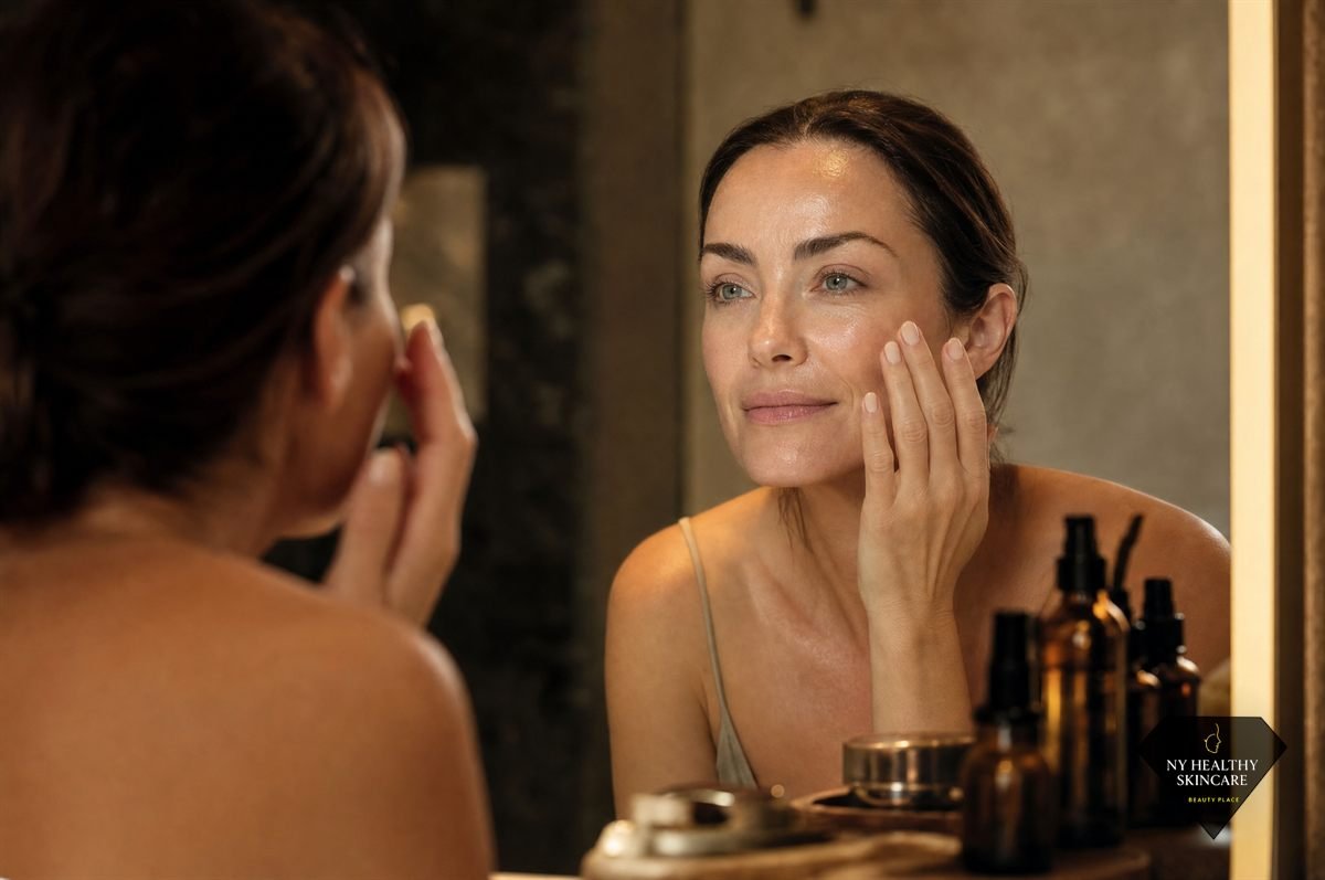 Woman applying moisturiser as part of facial aftercare routine to protect results