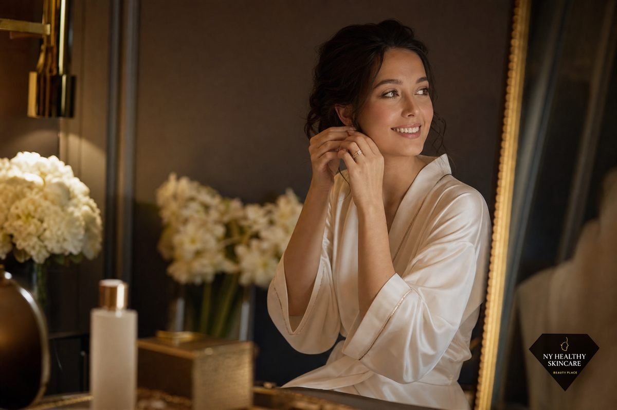 Bride-to-be with glowing skin after following a facial timeline before her wedding