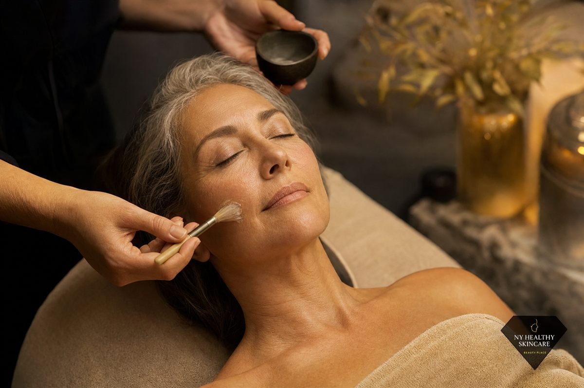 Mature woman in her fifties receiving a facial treatment, showing how facial frequency changes with age