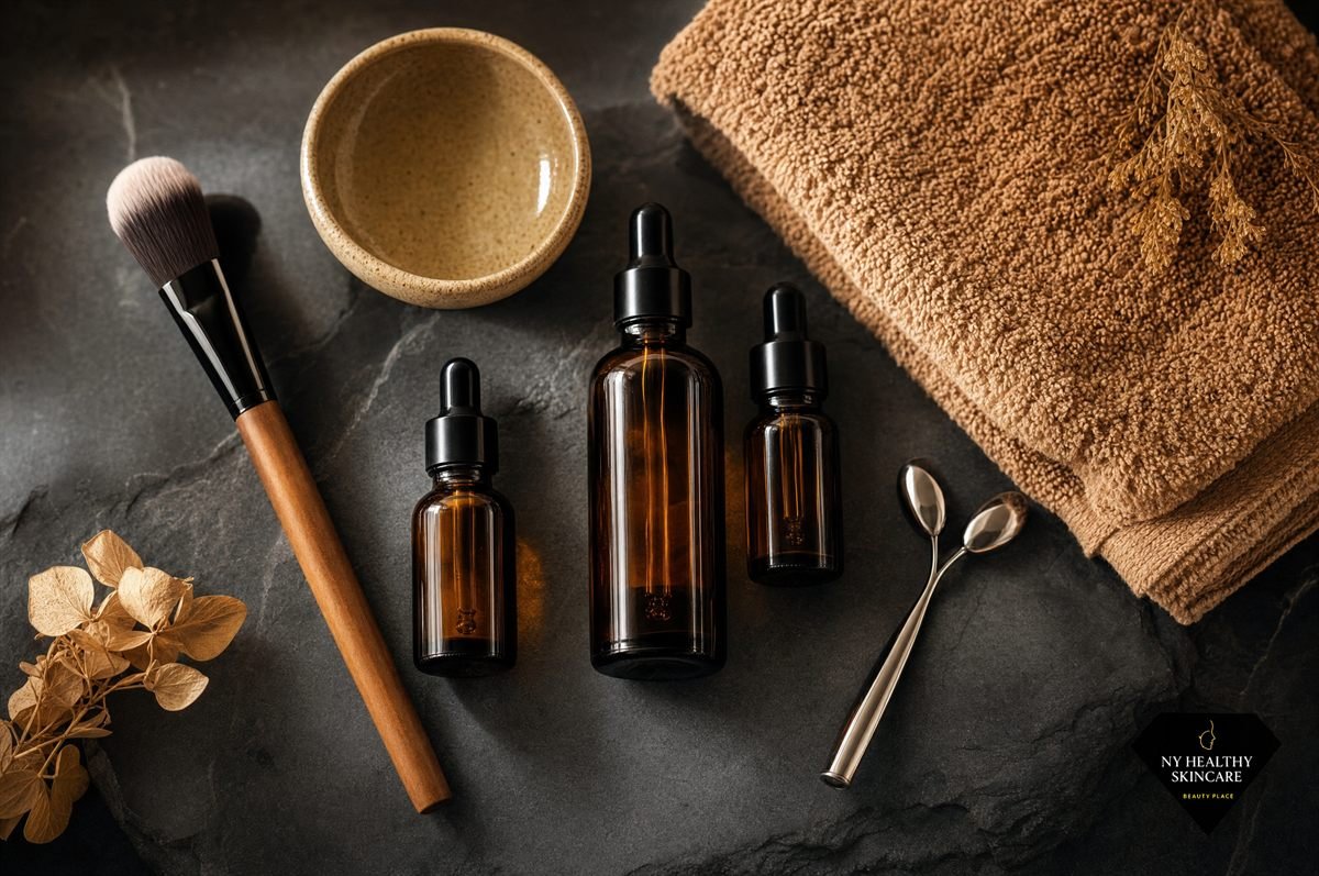 Professional facial treatment tools and serums used for different types of facials at a NYC skincare studio