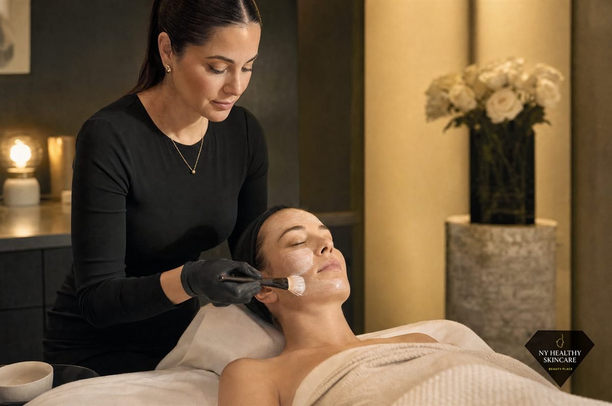 Esthetician performing a facial treatment at NY Healthy Skin Care studio in Midtown Manhattan NYC