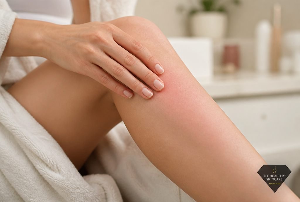 Woman checking mild pink flushing on freshly waxed skin, a normal reaction after waxing