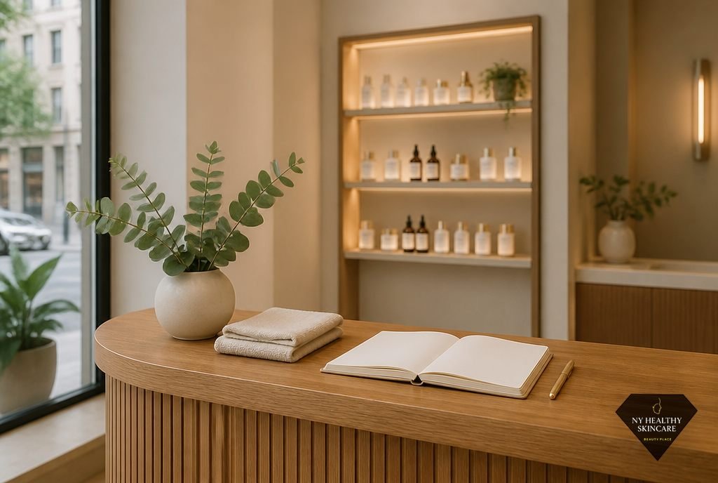 Reception desk at a Midtown Manhattan skincare studio for booking the next waxing appointment