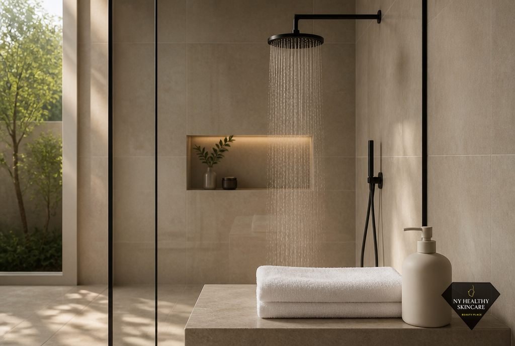 Lukewarm shower and fragrance-free cleanser showing how long after waxing you can shower
