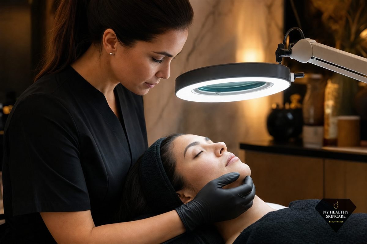 Esthetician analysing a client skin type under a magnifying lamp before a facial in Midtown Manhattan