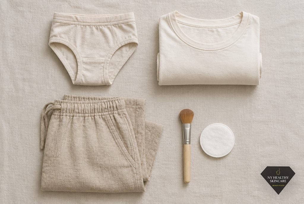 Loose cotton underwear and clothing laid out for bikini, leg and armpit waxing aftercare