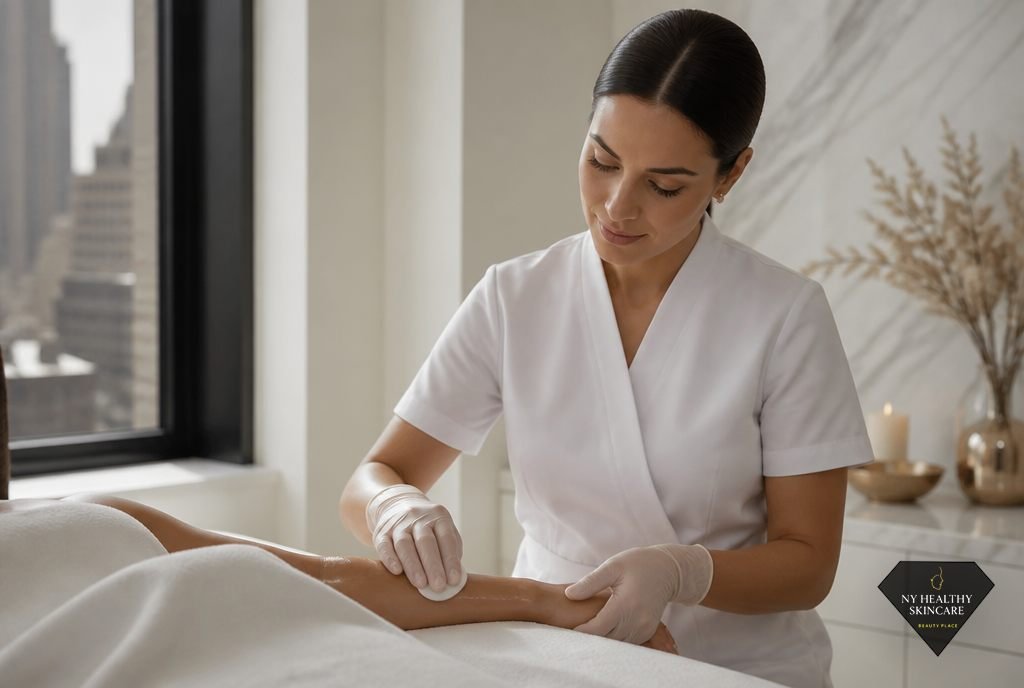 Esthetician applying soothing gel after a waxing treatment at NY Healthy Skin Care studio in Midtown Manhattan NYC