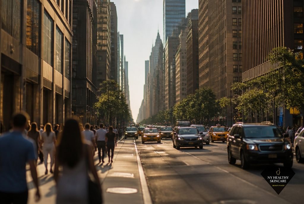 Midtown Manhattan avenue on a hot summer day, showing why New York affects waxing aftercare