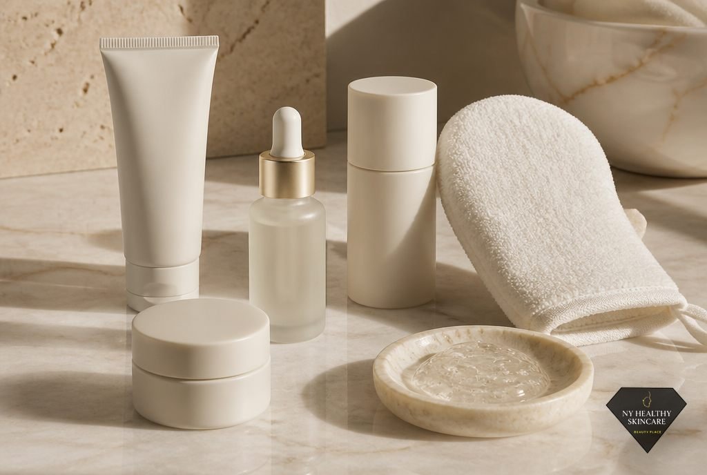 Fragrance-free waxing aftercare products including moisturiser, serum and a soft exfoliating mitt