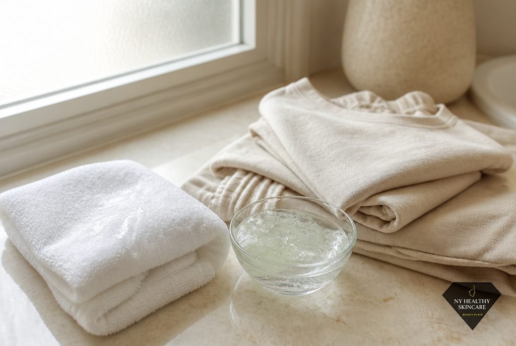 Cool washcloth and chilled aloe vera gel prepared for waxing aftercare during the first 24 hours