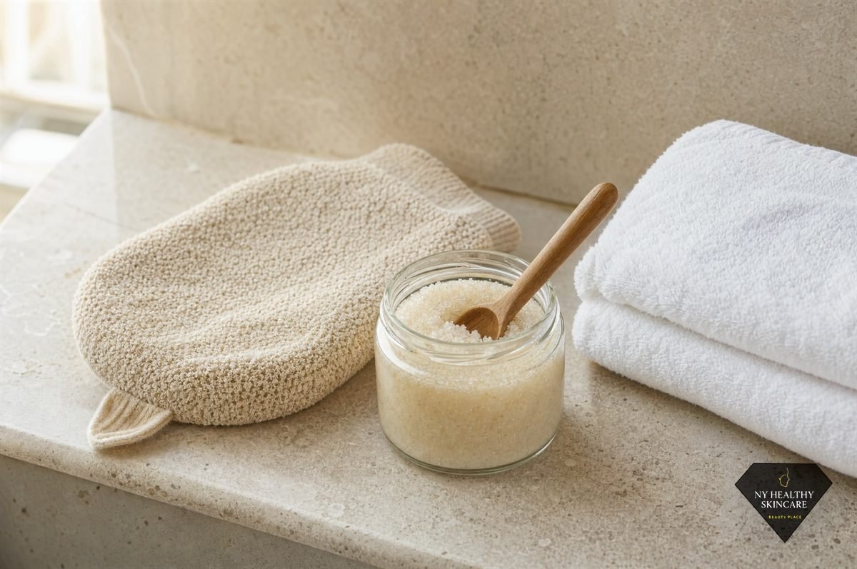 Exfoliating mitt and a jar of scrub with a wooden spoon beside folded white towels on a stone ledge
