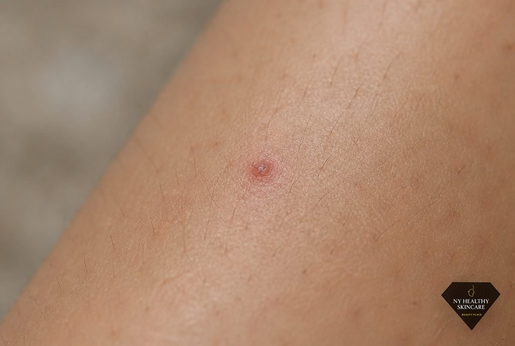 Macro close-up of an ingrown hair after waxing forming a small red bump on the leg
