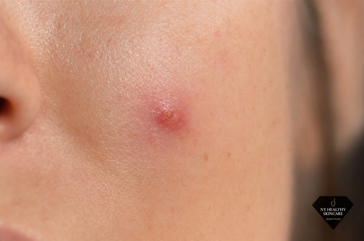 Inflamed red mark left on the skin by squeezing a blackhead at home instead of professional extraction