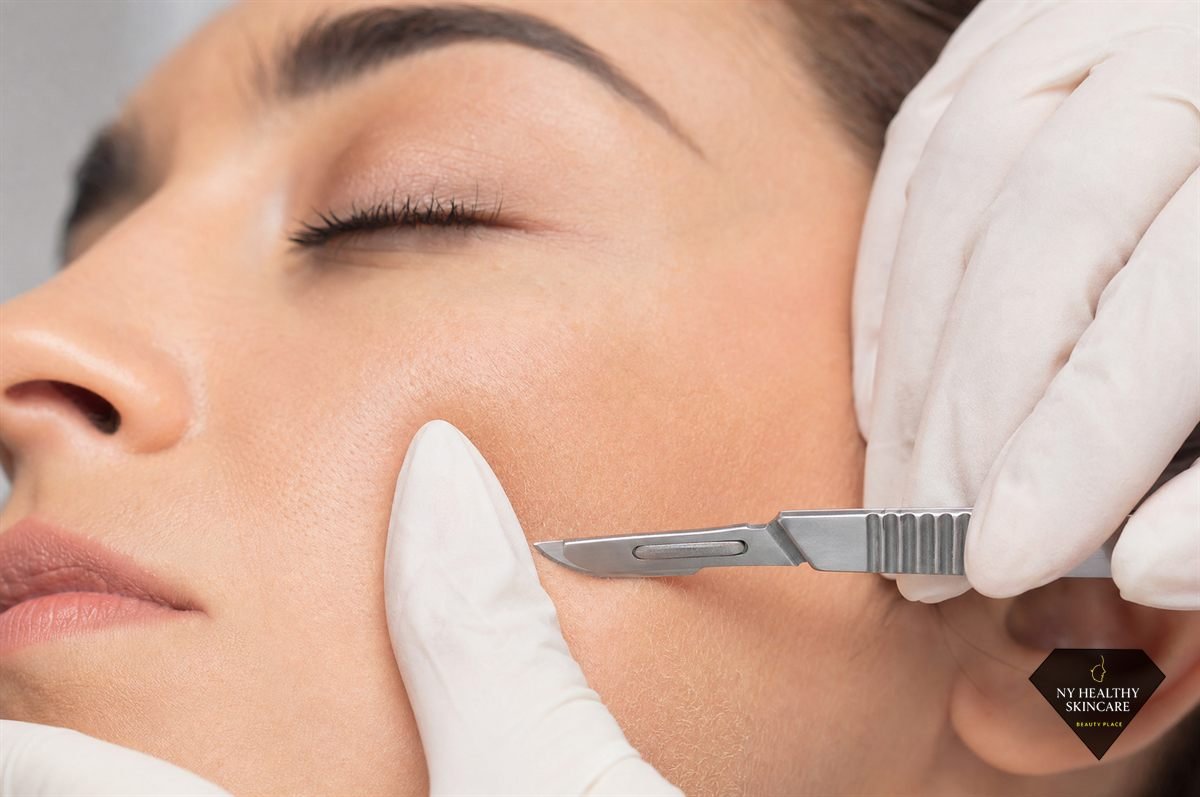 Dermaplaning treatment removing peach fuzz and dead skin with a sterile blade in Midtown NYC