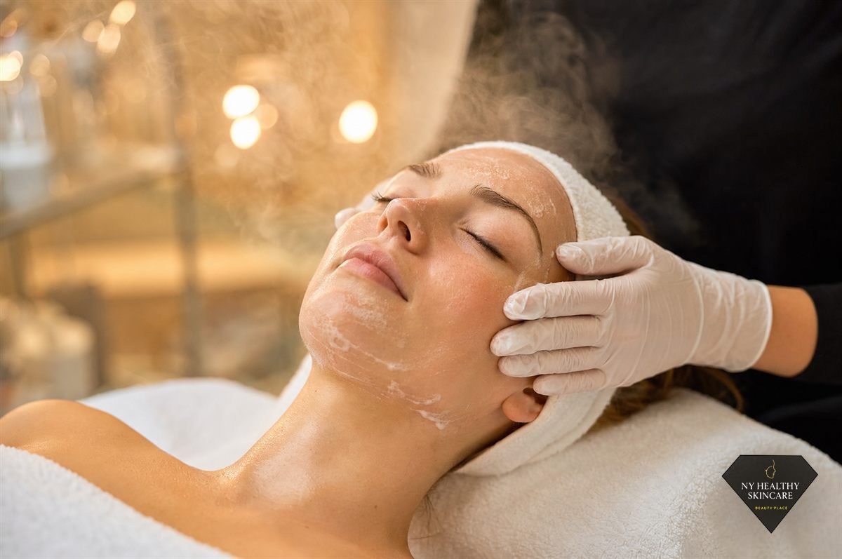 Warm steam softening the skin during a European Facial deep cleansing treatment in NYC