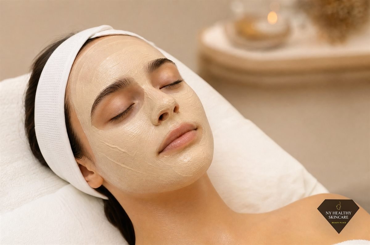 Client relaxing with a purifying clay mask during a European Facial in Midtown Manhattan
