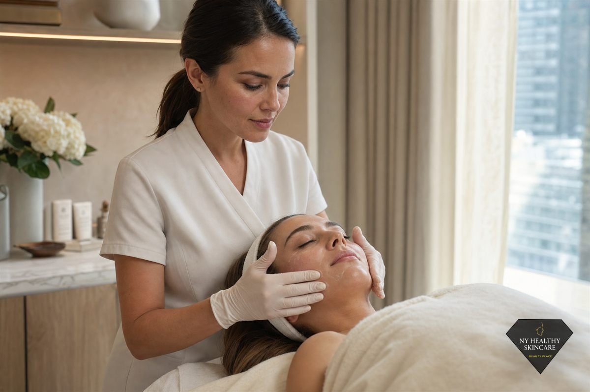Esthetician performing a customised facial treatment at NY Healthy Skin Care in Midtown Manhattan NYC