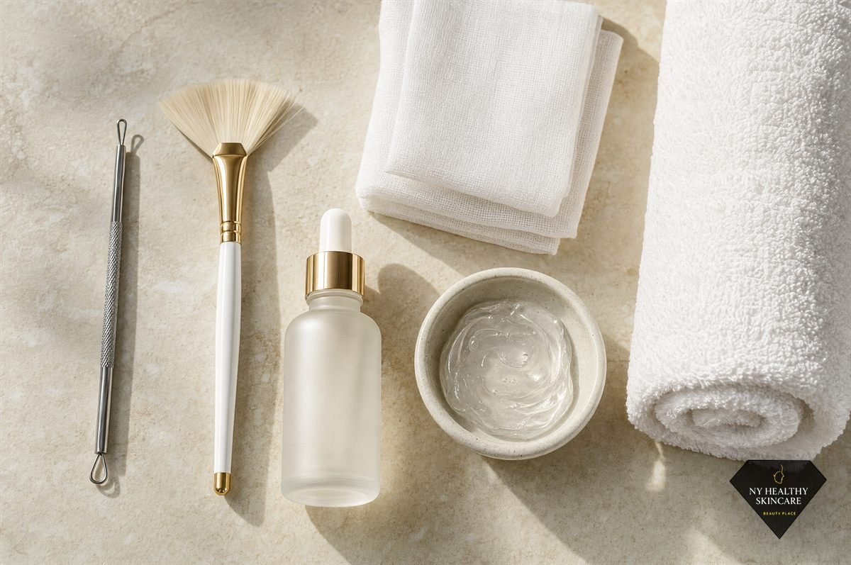 Professional facial tools and unscented skincare laid out for a treatment at a Midtown NYC studio