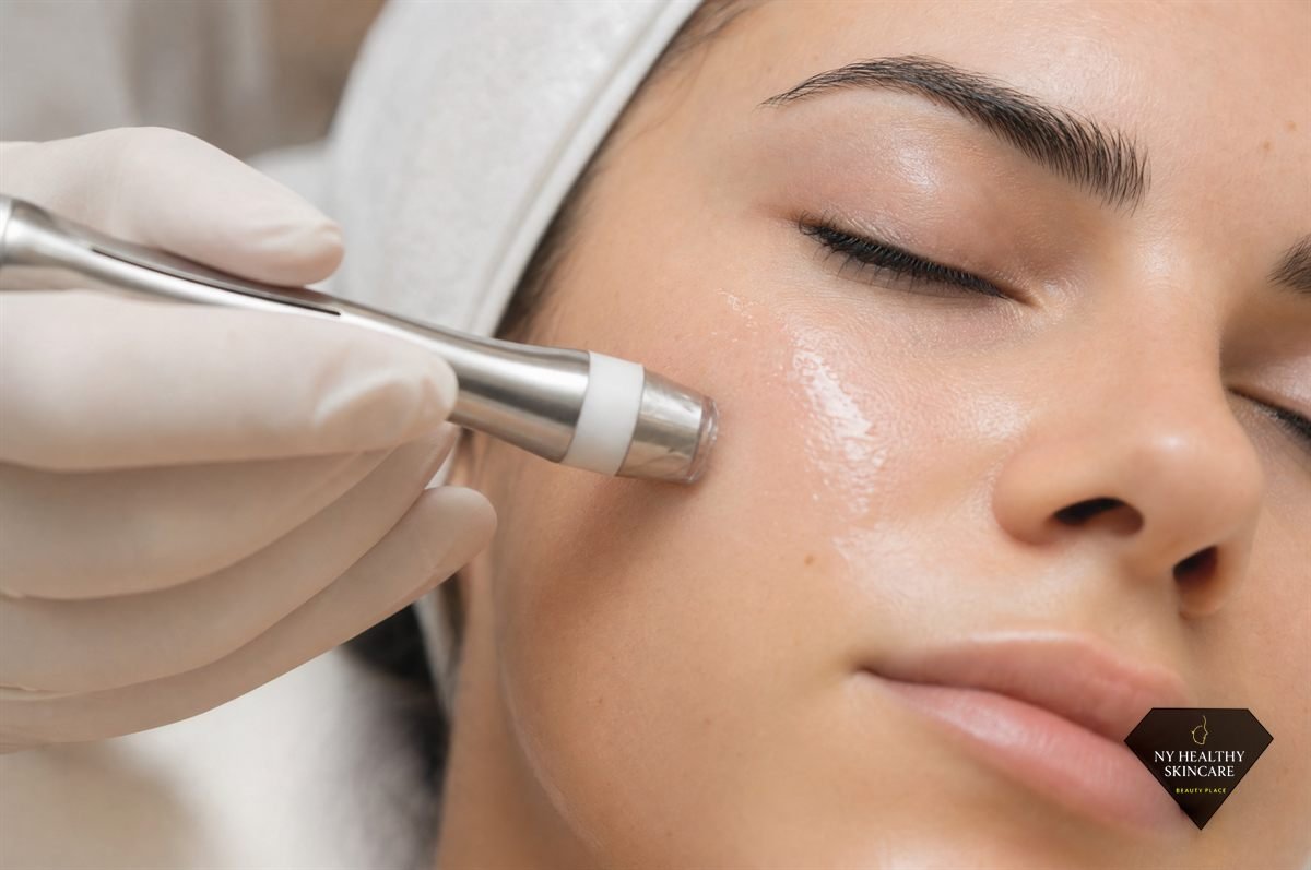 Hydradermabrasion wand exfoliating and hydrating the skin during a treatment in Midtown NYC