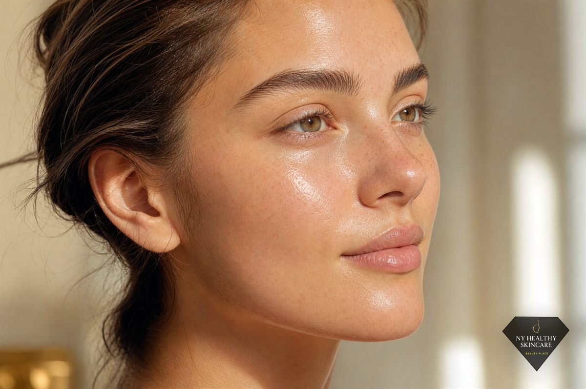 Hydrated glowing skin with a natural dewy finish after a hydradermabrasion treatment