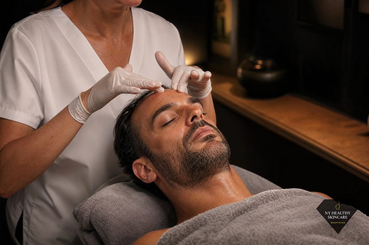 Man receiving a professional facial treatment for beard-adjacent skin in Midtown Manhattan NYC