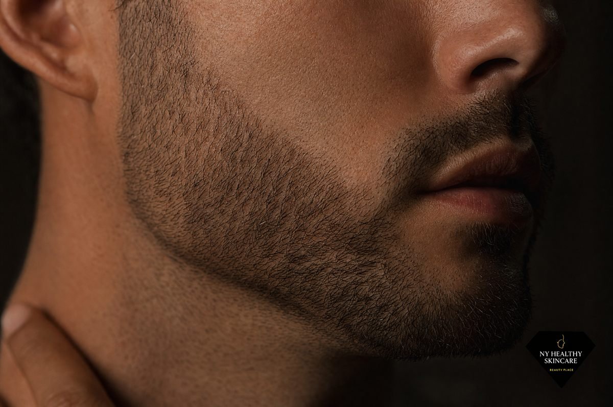 Clear smooth skin along a man's beard line with no razor bumps after regular facials
