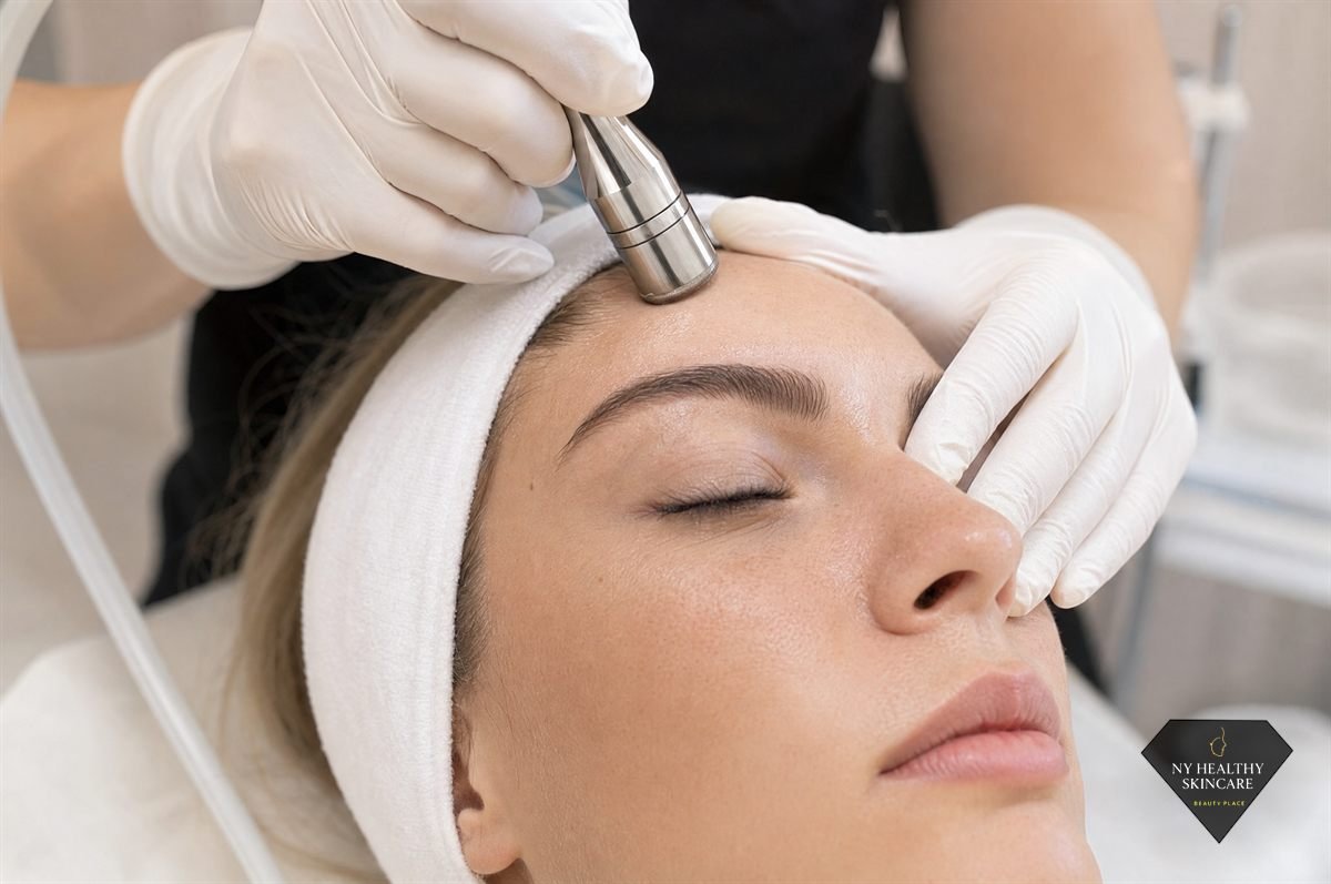 Diamond-tip microdermabrasion wand resurfacing the skin during a treatment in Midtown Manhattan