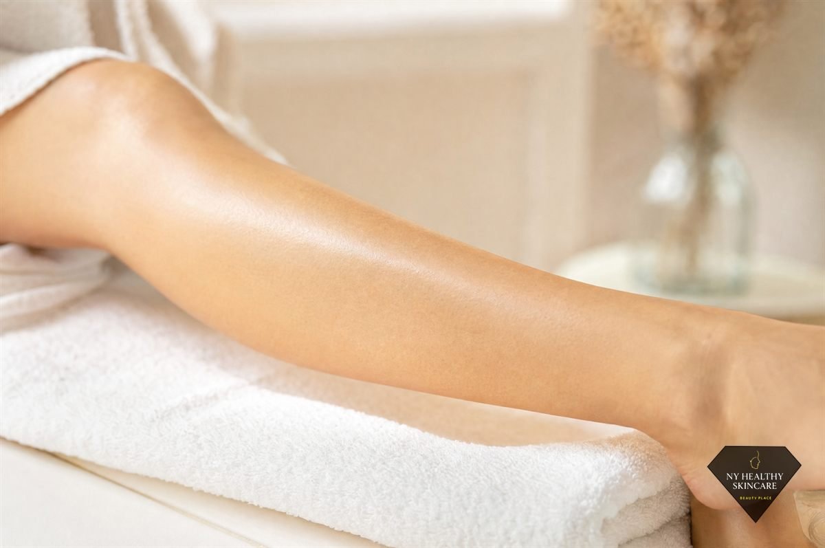 Smooth hair-free skin after a professional leg waxing treatment in Midtown Manhattan